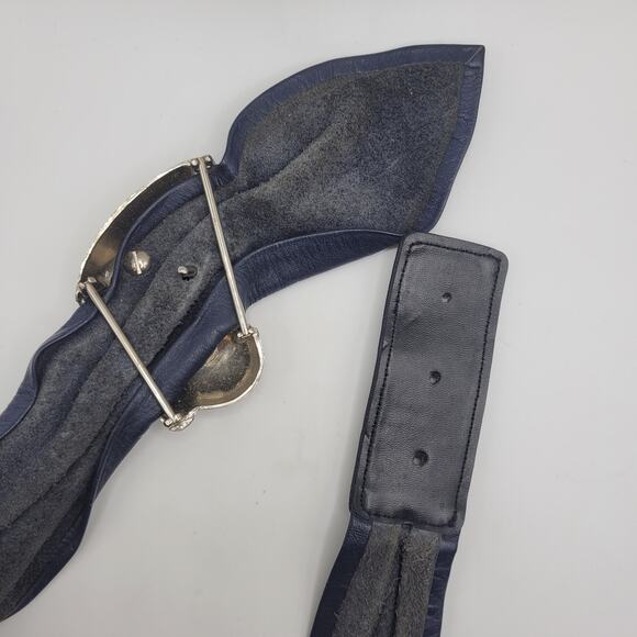 VTG Blue Leather Belt Small Wide Waist Sculptural Buckle Statement 80s Sash